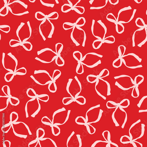 Hand drawn, pink, pretty bow seamless repeat pattern. Random placed, festive vector tie ribbons aop, all over print on red background.