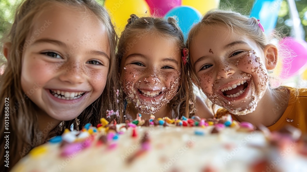 Three joyful children with frosting on their faces share a delicious and colorful cake, surrounded by bright balloons, representing celebration and friendship. Three joyful children with frosting on their faces share a delicious and colorful cake, surrounded by bright balloons, representing celebration and friendship.