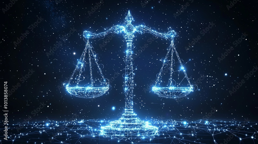 A magnificent blue-scaled balance glowing within the cosmos, highlighting universal equilibrium and justice in an awe-inspiring digital artwork composition. A magnificent blue-scaled balance glowing within the cosmos, highlighting universal equilibrium and justice in an awe-inspiring digital artwork composition.