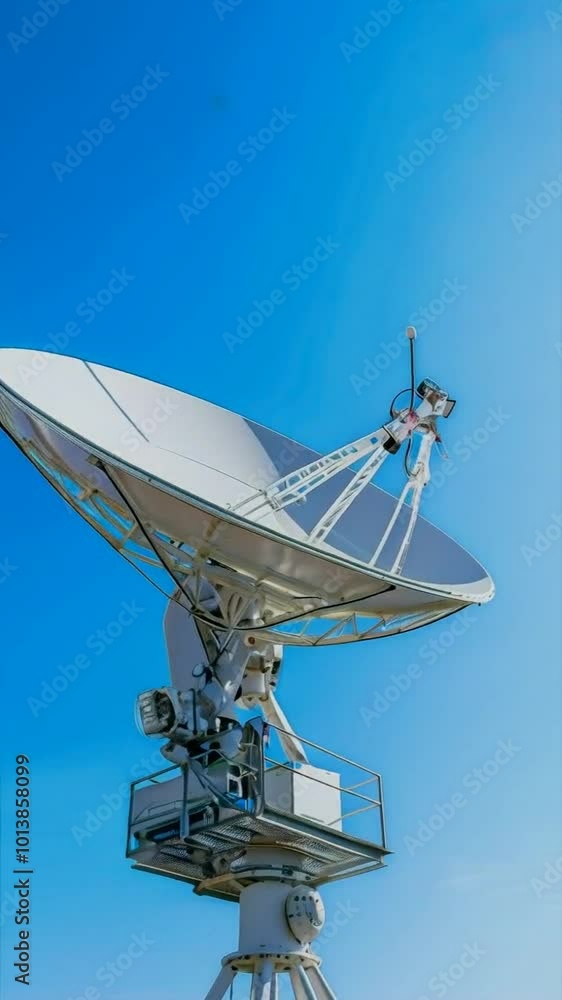 A large satellite dish against a clear blue sky, used for communication and data transmission. A large satellite dish against a clear blue sky, used for communication and data transmission.