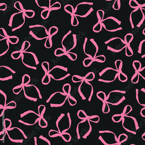 Hand drawn, pink, pretty bow seamless repeat pattern on black background. Random placed, festive, pink, vector tie ribbons aop, all over print on red background.