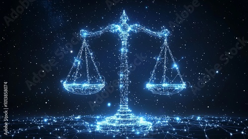 A magnificent blue-scaled balance glowing within the cosmos, highlighting universal equilibrium and justice in an awe-inspiring digital artwork composition.