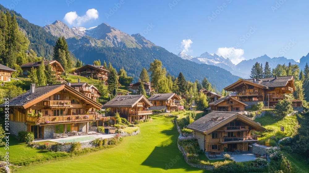 A picturesque village nestled in the Swiss Alps, with wooden chalets and green pastures, surrounded by towering peaks. A picturesque village nestled in the Swiss Alps, with wooden chalets and green pastures, surrounded by towering peaks.
