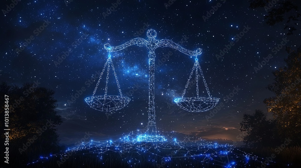 A digital representation of scales floats in the starry night sky, symbolizing balance and justice amid a constellation of glittering stars and cosmic elements. A digital representation of scales floats in the starry night sky, symbolizing balance and justice amid a constellation of glittering stars and cosmic elements.