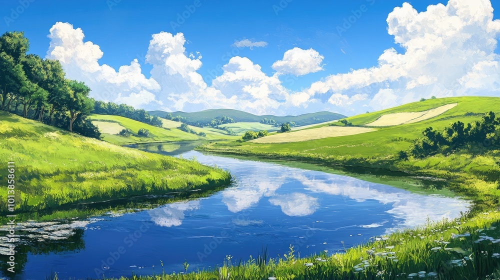 A serene countryside scene with rolling hills, green pastures, and a winding river reflecting the blue sky and white clouds. A serene countryside scene with rolling hills, green pastures, and a winding river reflecting the blue sky and white clouds.