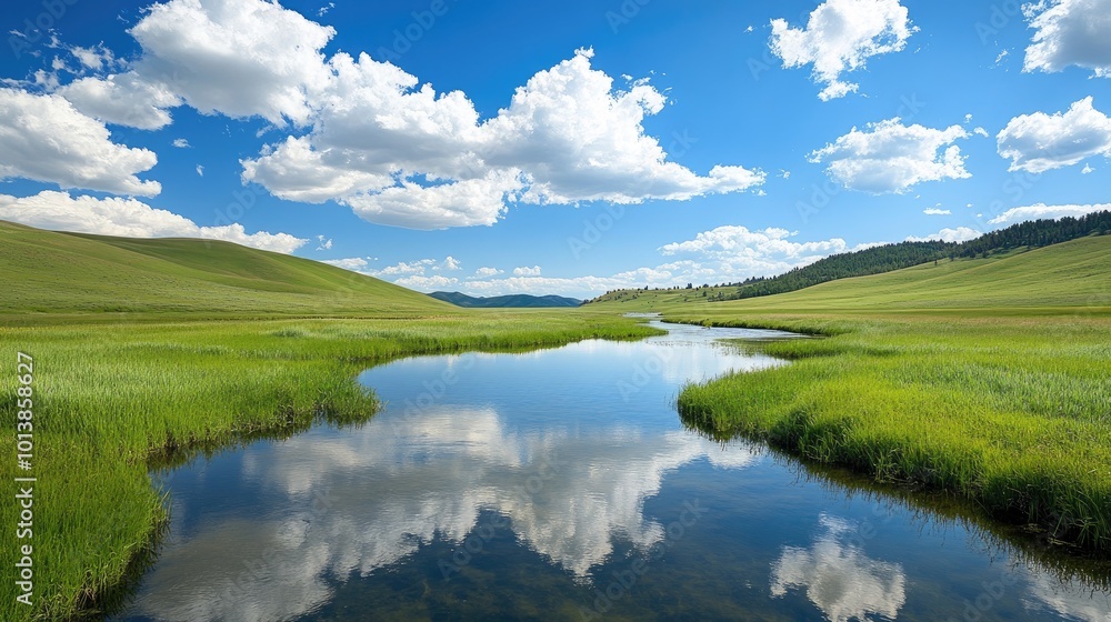 A serene countryside scene with rolling hills, green pastures, and a winding river reflecting the blue sky and white clouds. A serene countryside scene with rolling hills, green pastures, and a winding river reflecting the blue sky and white clouds.