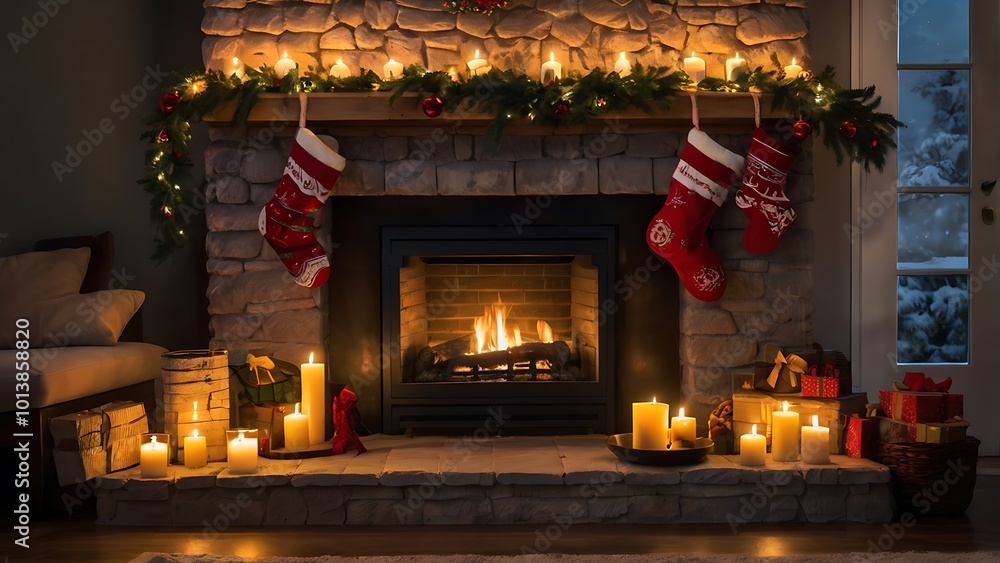 A cozy fireplace adorned with Christmas stockings, garlands, and candles, with a soft, glowing fire, placed on a plain stone hearth background, representing warmth and togetherness during the holiday A cozy fireplace adorned with Christmas stockings, garlands, and candles, with a soft, glowing fire, placed on a plain stone hearth background, representing warmth and togetherness during the holiday