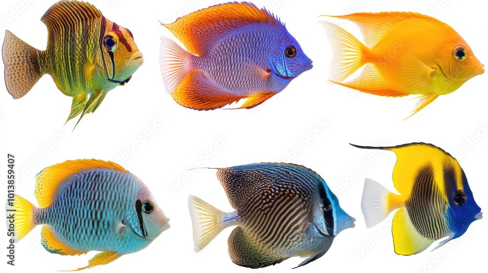 Collection of brightly colored fish species, including a clownfish and an angelfish Collection of brightly colored fish species, including a clownfish and an angelfish