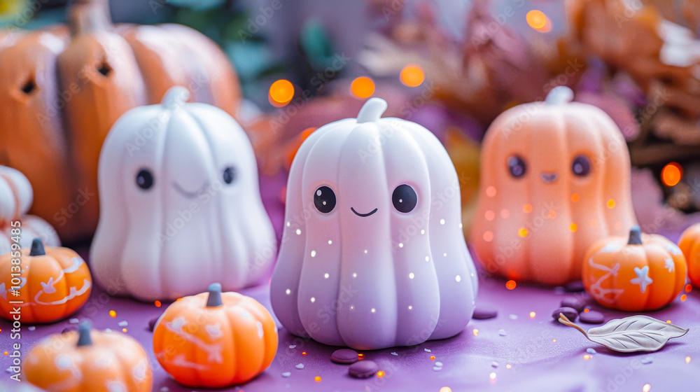 Delightful kawaii pumpkins gather together in vibrant hues, surrounded by rich autumn foliage and twinkling lights, evoking a playful seasonal atmosphere Delightful kawaii pumpkins gather together in vibrant hues, surrounded by rich autumn foliage and twinkling lights, evoking a playful seasonal atmosphere