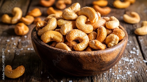 Homemade roasted salted cashews served in a bowl, showcasing their golden-brown color, crispy texture, and savory appeal, set on a natural wooden surface