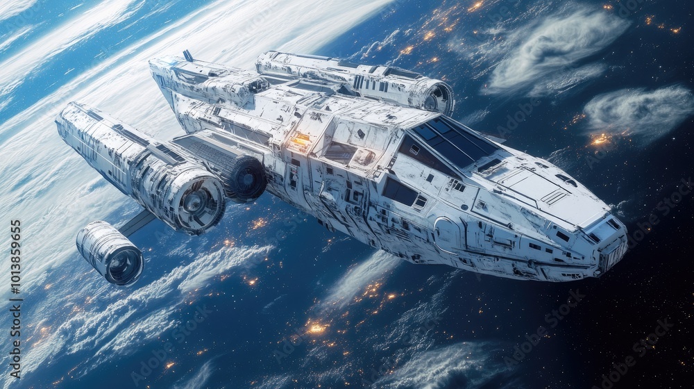 Fototapeta premium High-quality AI-generated image of a futuristic spacecraft, showcasing detailed design and advanced creative output in space exploration themes.