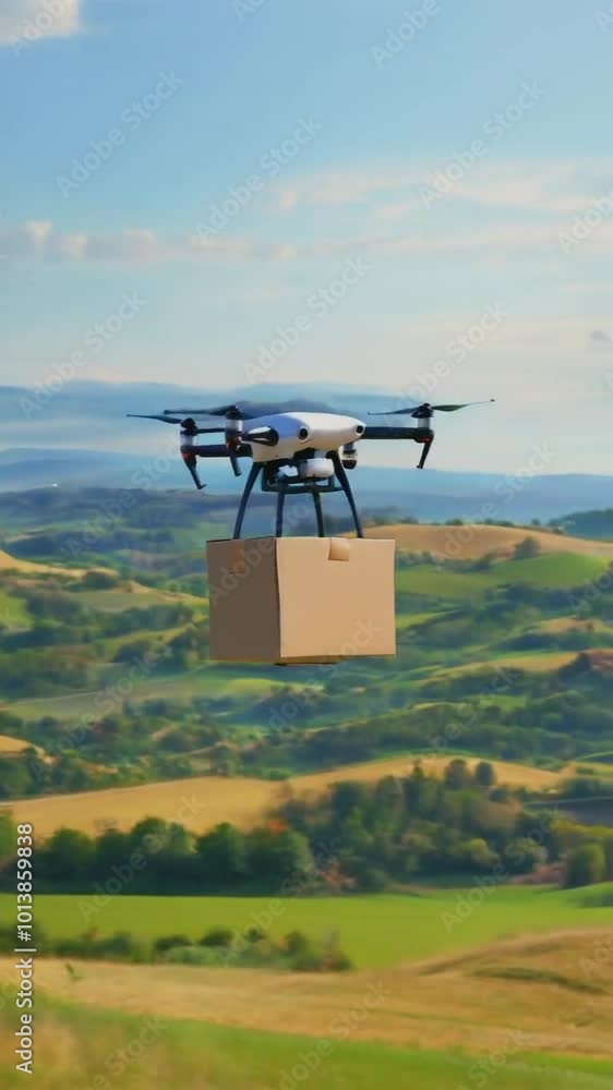 A drone carrying a package over a scenic landscape. A drone carrying a package over a scenic landscape.