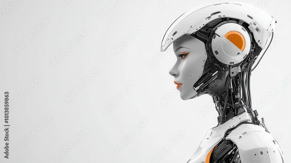 A female android with metallic skin and delicate facial details, side view, portraying robotic elegance Advanced tone, Triadic Color Scheme A female android with metallic skin and delicate facial details, side view, portraying robotic elegance Advanced tone, Triadic Color Scheme