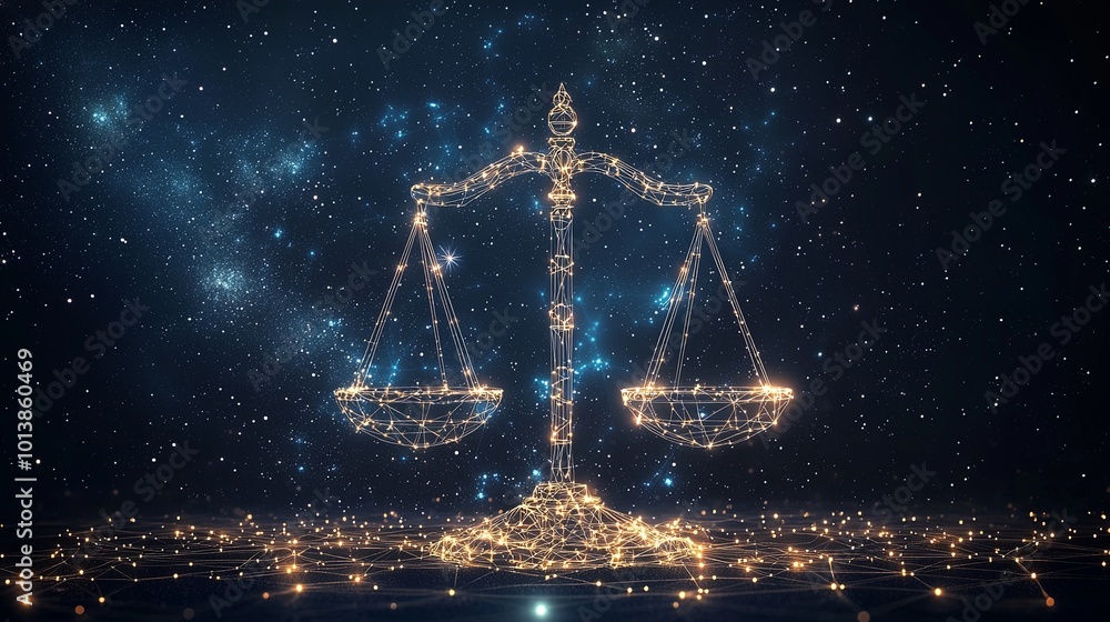 Intricate scales symbolize equilibrium and harmony, set within a swirling, luminescent galaxy that reflects concepts of justice and balance through a cosmic lens. Intricate scales symbolize equilibrium and harmony, set within a swirling, luminescent galaxy that reflects concepts of justice and balance through a cosmic lens.