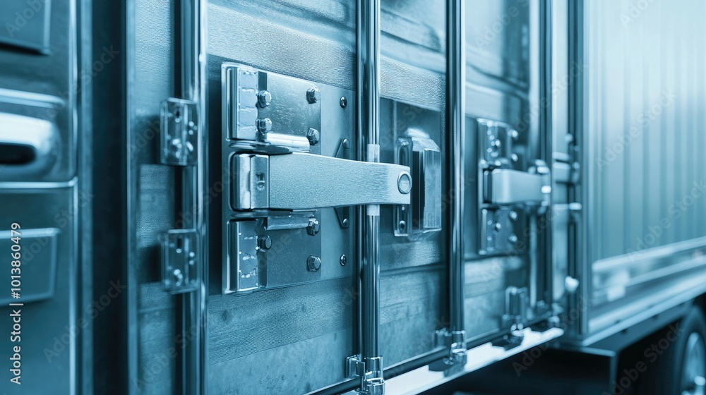 A close-up of a freight truck's rear trailer, showing shipping container doors and safety locks as it's ready to transport goods over long distances. A close-up of a freight truck's rear trailer, showing shipping container doors and safety locks as it's ready to transport goods over long distances.