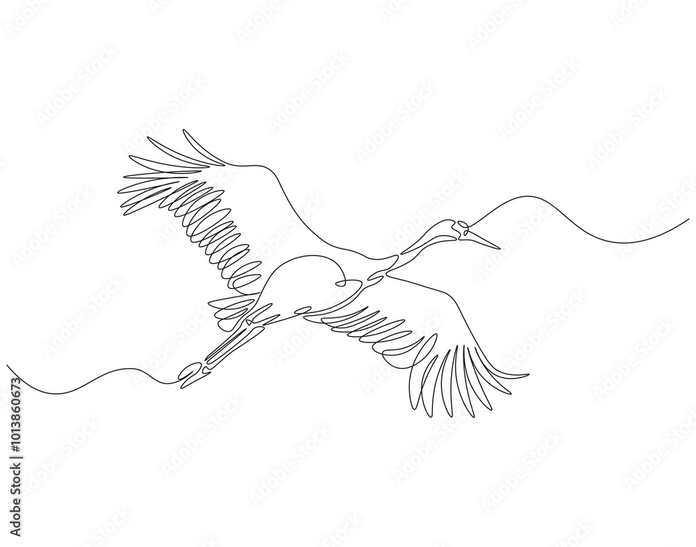 Continuous one line drawing of crane bird flying. One line drawing illustration of stork flying in sky. World migratory bird day concept line art. Editable outline Continuous one line drawing of crane bird flying. One line drawing illustration of stork flying in sky. World migratory bird day concept line art. Editable outline