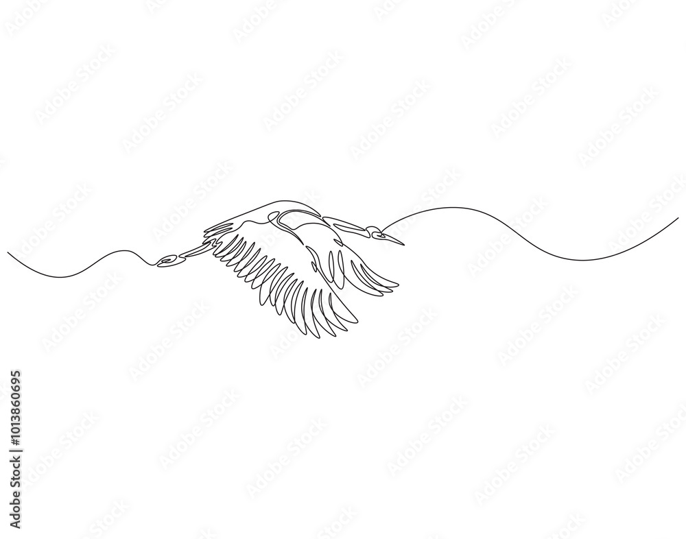 Fototapeta premium Continuous one line drawing of crane bird flying. One line drawing illustration of stork flying in sky. World migratory bird day concept line art. Editable outline