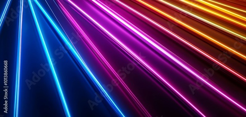 Abstract array of neon lights in blue and pink, creating a futuristic perspective, glowing lines radiating from a central point