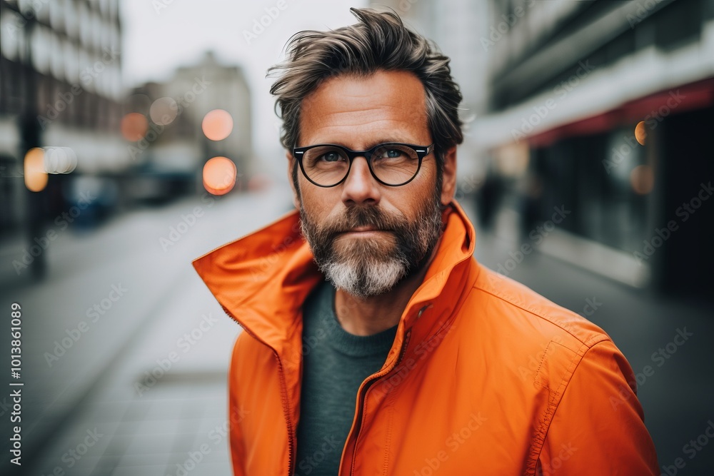 Portrait of a bearded man in an orange jacket and glasses. Portrait of a bearded man in an orange jacket and glasses.