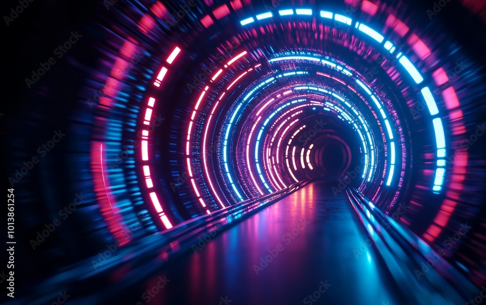 High-speed neon light trails curving into a spiral, abstract futuristic tunnel, dynamic motion in vivid blue and red tones High-speed neon light trails curving into a spiral, abstract futuristic tunnel, dynamic motion in vivid blue and red tones