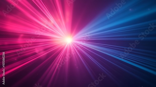 A vibrant display of swirling pink and blue light beams radiating from a central point, creating a dynamic and energetic atmosphere.