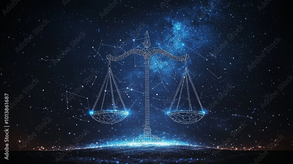 A cosmic digital scale painting with constellations and a galactic background explores the balance between modern technology and the vast universe's harmony and equilibrium. A cosmic digital scale painting with constellations and a galactic background explores the balance between modern technology and the vast universe's harmony and equilibrium.