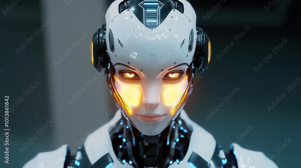 A humanoid female robot with a glowing faceplate, front view, blending beauty and high-tech design Technology tone, Monochromatic Color Scheme A humanoid female robot with a glowing faceplate, front view, blending beauty and high-tech design Technology tone, Monochromatic Color Scheme
