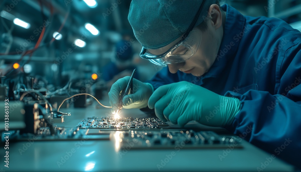 A technician in protective gear works on electronic components in a high-tech manufacturing environment. A technician in protective gear works on electronic components in a high-tech manufacturing environment.