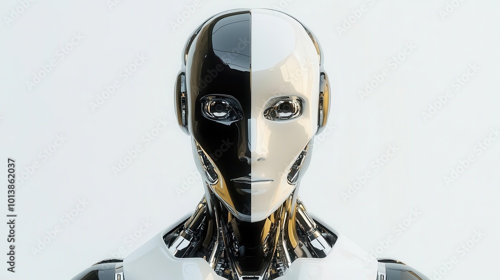 A humanoid robot with a smooth, polished face, top view, designed for modern aesthetics and function Sci-fi tone, Split-complementary color scheme A humanoid robot with a smooth, polished face, top view, designed for modern aesthetics and function Sci-fi tone, Split-complementary color scheme