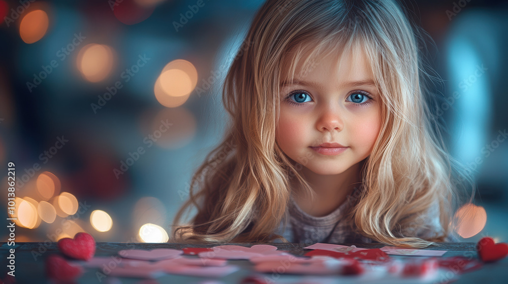 Little girl with a warm smile in a cozy setting, radiating joy and holiday spirit amidst festive lights during the Christmas season. Little girl with a warm smile in a cozy setting, radiating joy and holiday spirit amidst festive lights during the Christmas season.