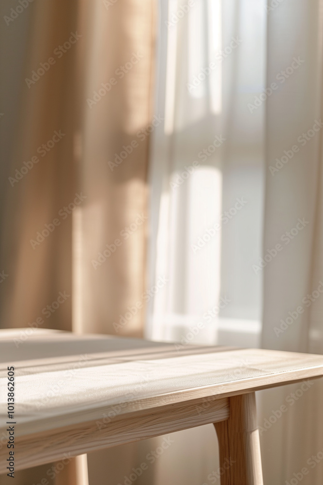 A close-up view of a wooden table with a smooth surface, illuminated by soft natural light. In the background, sheer curtains filter sunlight, creating a warm and inviting atmosphere. A close-up view of a wooden table with a smooth surface, illuminated by soft natural light. In the background, sheer curtains filter sunlight, creating a warm and inviting atmosphere.