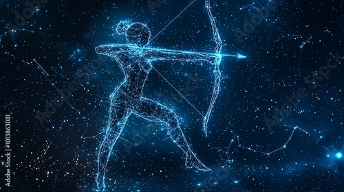 A cosmic scene depicting a female archer made from stars, drawing a bow amidst a starry sky, highlighting themes of aspiration and cosmic boundlessness. photo