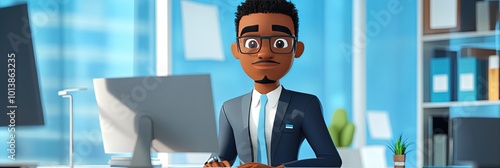 2D animated cartoon of executive in corporate headquarters 