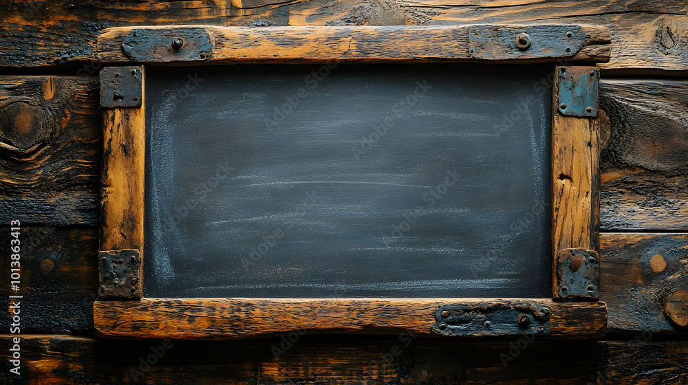 A beautifully composed image of a blackboard framed with wood, elegantly set against a dark brown wooden background, showcasing a perfect blend of rustic charm and functionality. The blackboard’s smoo A beautifully composed image of a blackboard framed with wood, elegantly set against a dark brown wooden background, showcasing a perfect blend of rustic charm and functionality. The blackboard’s smoo