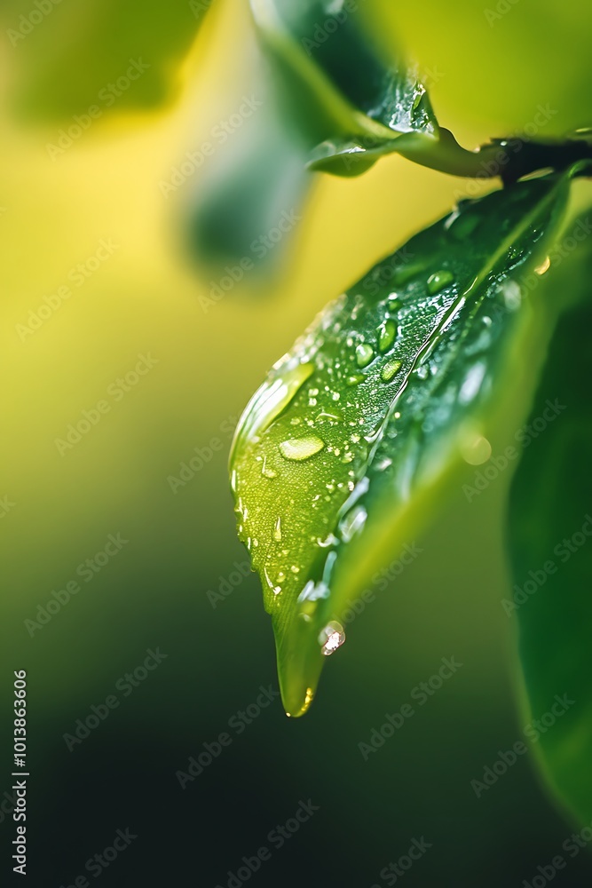 Dew Drops on Green Leaf, Macro Photography Dew Drops on Green Leaf, Macro Photography
