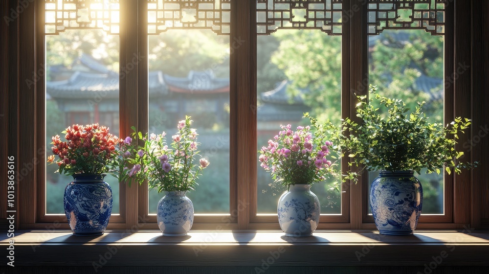 Chinese-style balcony window with ceramic flower vases, natural light creating a calm and harmonious atmosphere. Chinese-style balcony window with ceramic flower vases, natural light creating a calm and harmonious atmosphere.