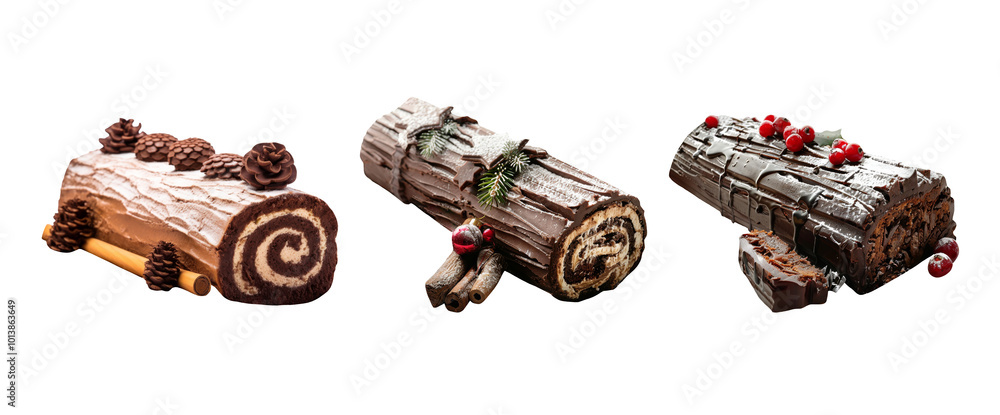Set of yule log cake isolated on transparent background. Set of yule log cake isolated on transparent background.
