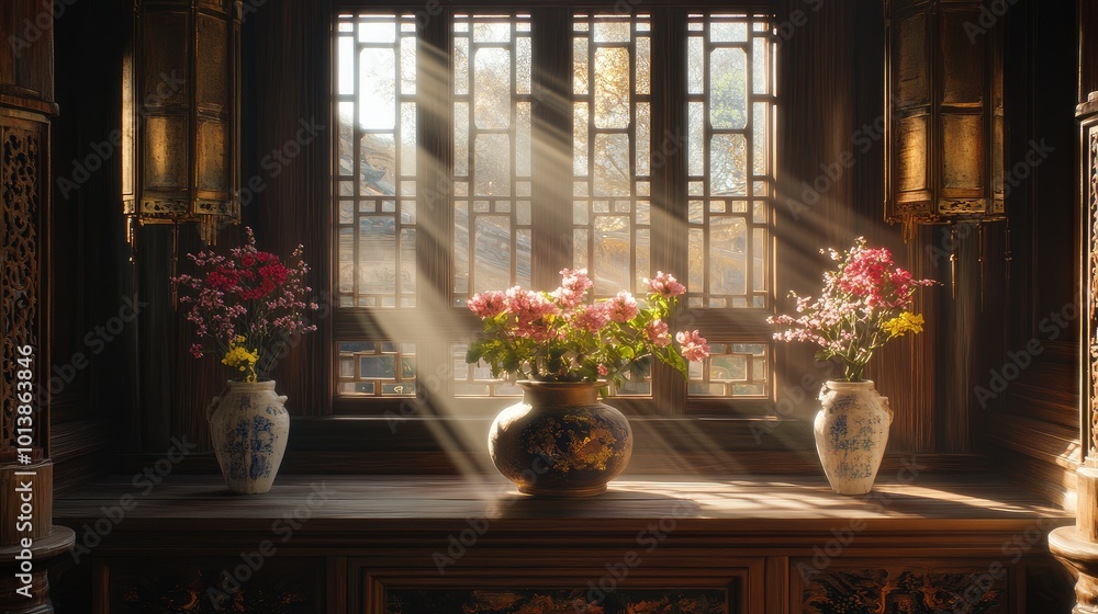 Chinese-style balcony window with flower vases, sunlight streaming through carved wooden frames, creating a peaceful, traditional ambiance. Chinese-style balcony window with flower vases, sunlight streaming through carved wooden frames, creating a peaceful, traditional ambiance.