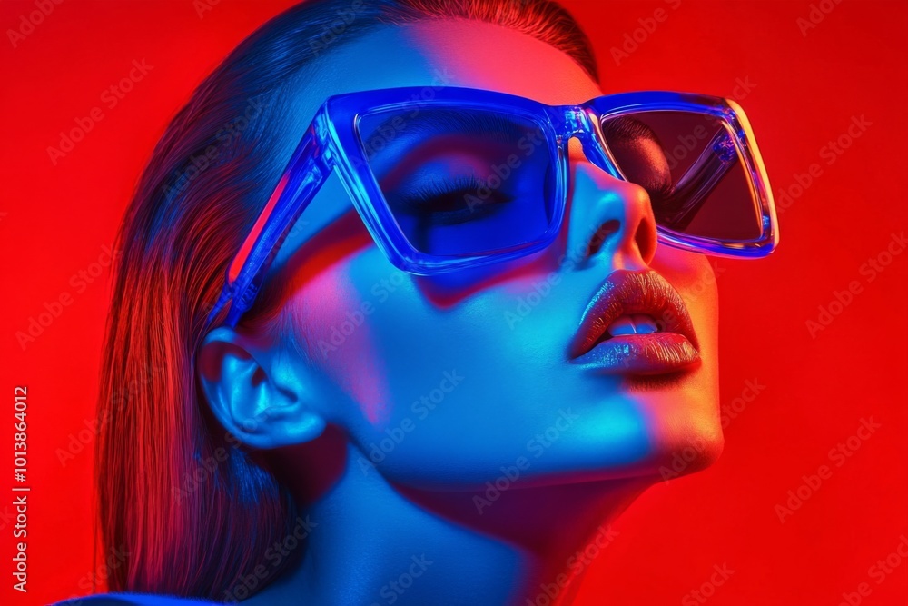 Chic woman in blue-rimmed glasses under neon lights.