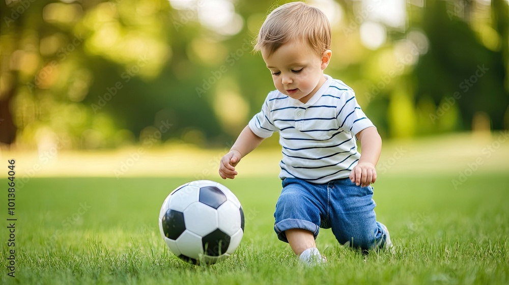 A toddler boy attempting to kick a soccer ball, with a look of pure concentration and determination on his face, surrounded by open green space. A toddler boy attempting to kick a soccer ball, with a look of pure concentration and determination on his face, surrounded by open green space.