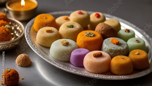 A platter of traditional Indian sweets like ladoos, barfi, and jalebi, arranged on a plain silver plate, ready to be shared during Diwali celebrations.