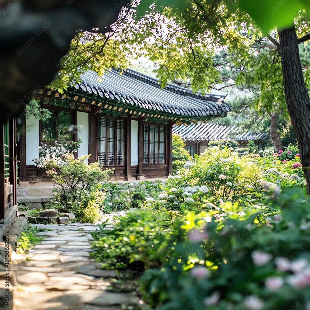 A serene view of traditional architecture surrounded by lush greenery and vibrant flowers.