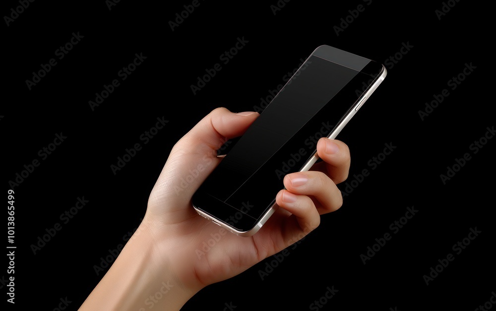 Hand holding smartphone with black screen isolated on black background. Close-up shot. Hand holding smartphone with black screen isolated on black background. Close-up shot.