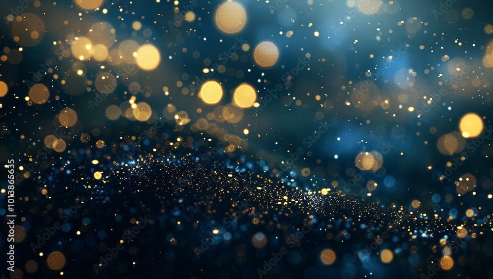 Fototapeta premium Dark background with golden bokeh lights and stars, glitter particles in the...