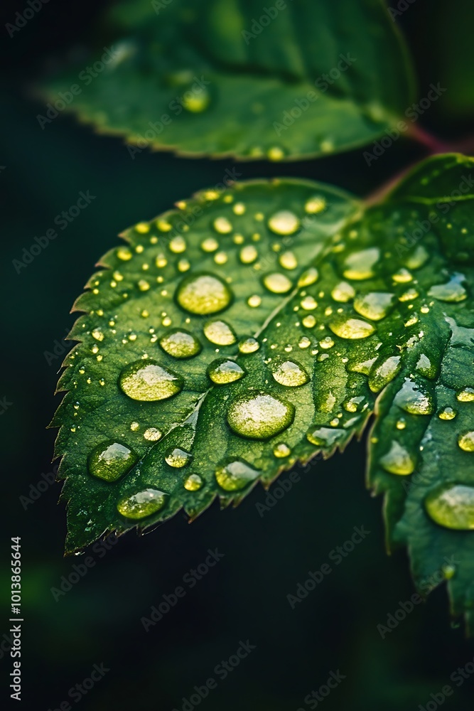 Close up of water drops on a green leaf, nature background Close up of water drops on a green leaf, nature background