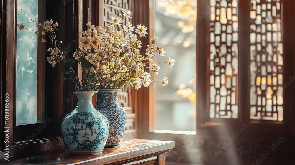 Flower vases on a Chinese balcony window, light filtering through carved wooden screens, highlighting the beauty of traditional design. Flower vases on a Chinese balcony window, light filtering through carved wooden screens, highlighting the beauty of traditional design.