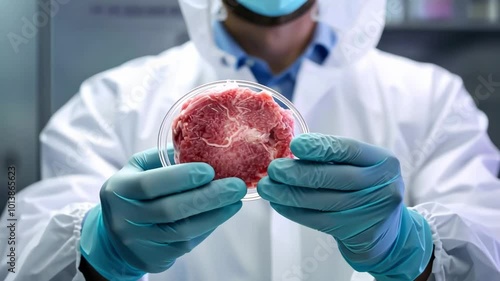 Scientist with lab coat holding artifical meat grown in a laboratory.