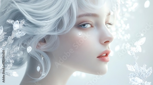 Elegant Woman with White Hair and Floral Details in a Dreamy Winter Scene