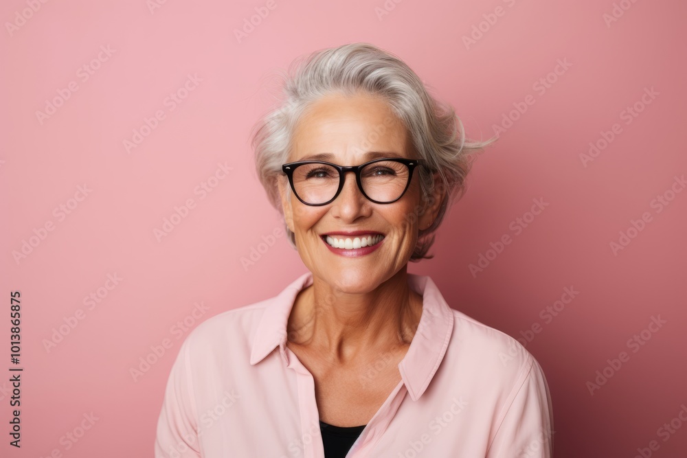 Happy senior woman with eyeglasses looking at camera over pink background Happy senior woman with eyeglasses looking at camera over pink background