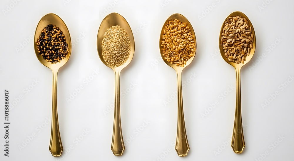 Four gold spoons with different grains quinoa and black chia seeds on the left side of each spoon, brown wheat and white millet against a white background. Four gold spoons with different grains quinoa and black chia seeds on the left side of each spoon, brown wheat and white millet against a white background.